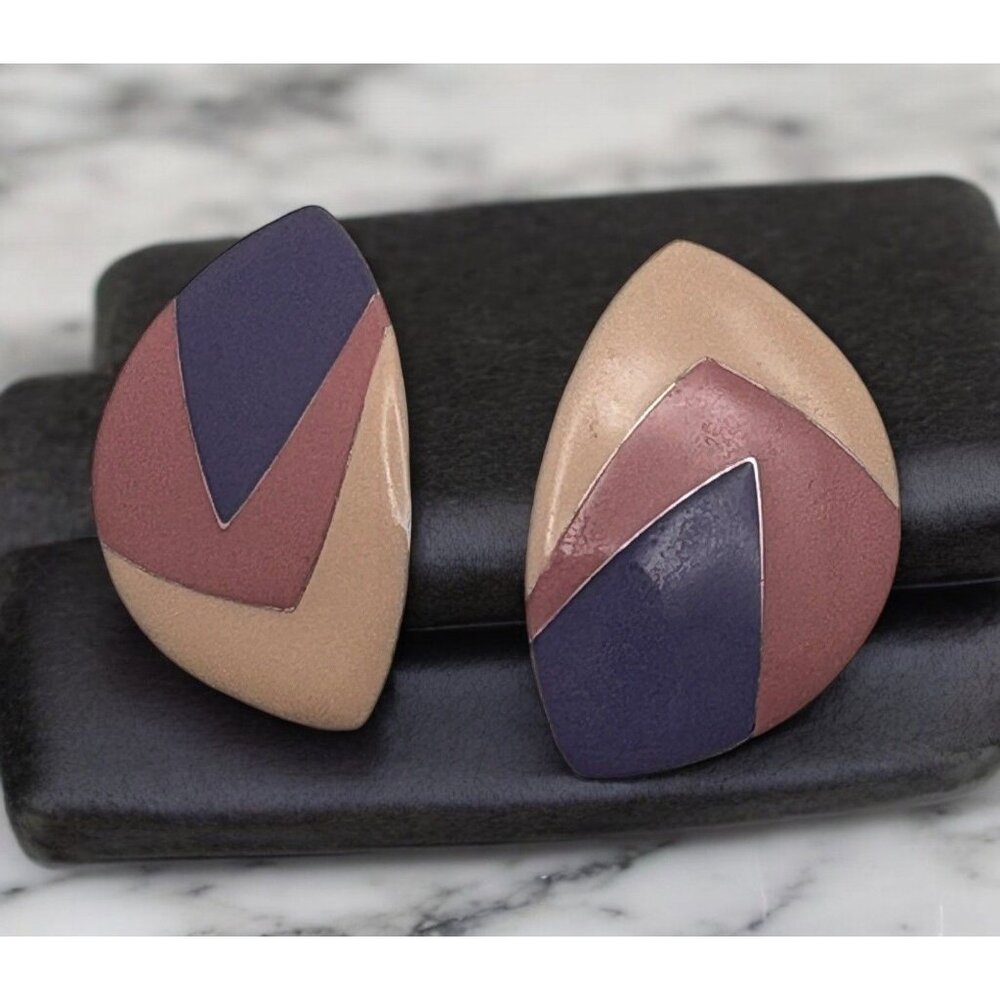 Vintage Geometric Stud Earrings Enamel Silver Tone Retro 80s Bold Color Block